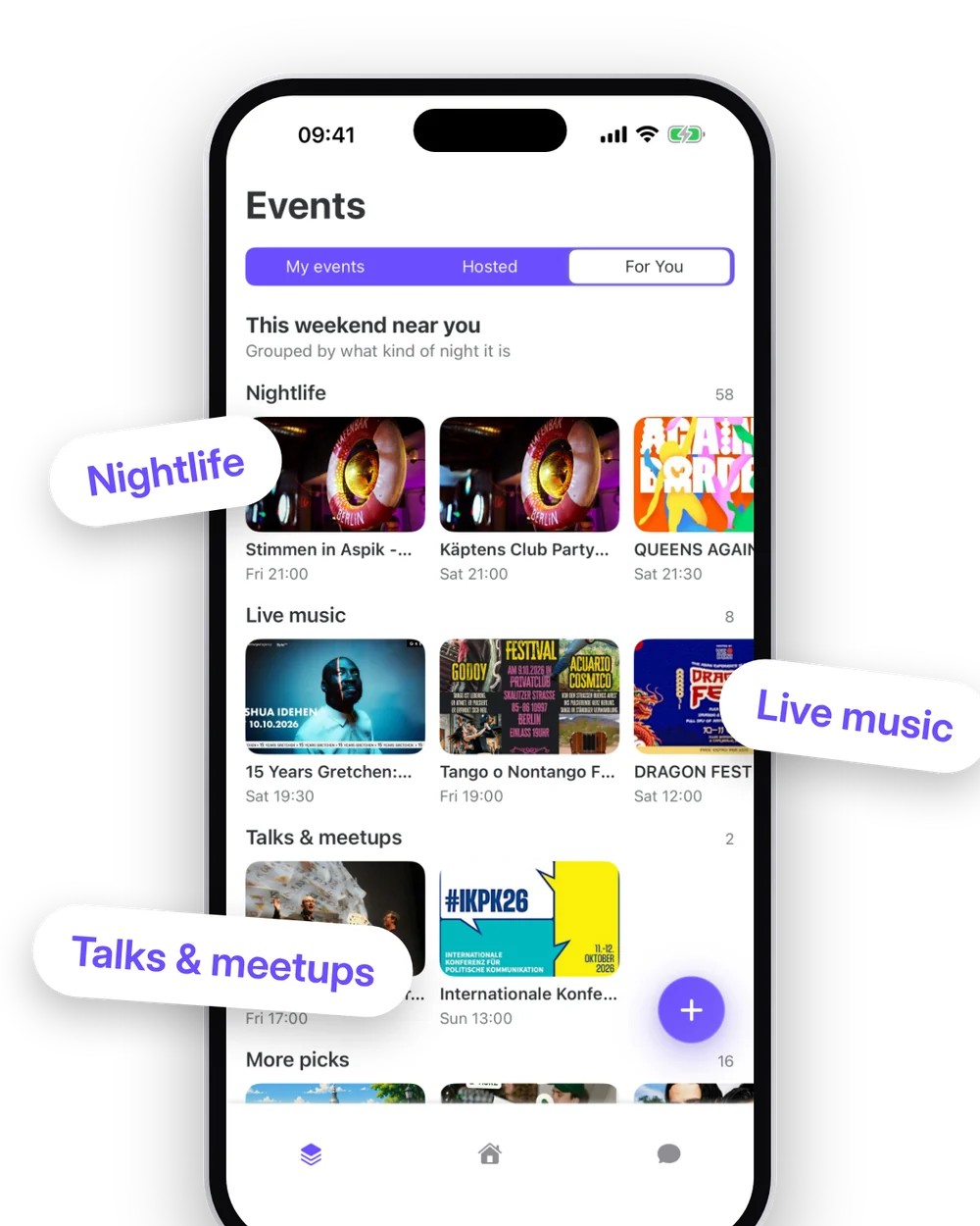 This weekend near you, grouped into nightlife, live music and talks